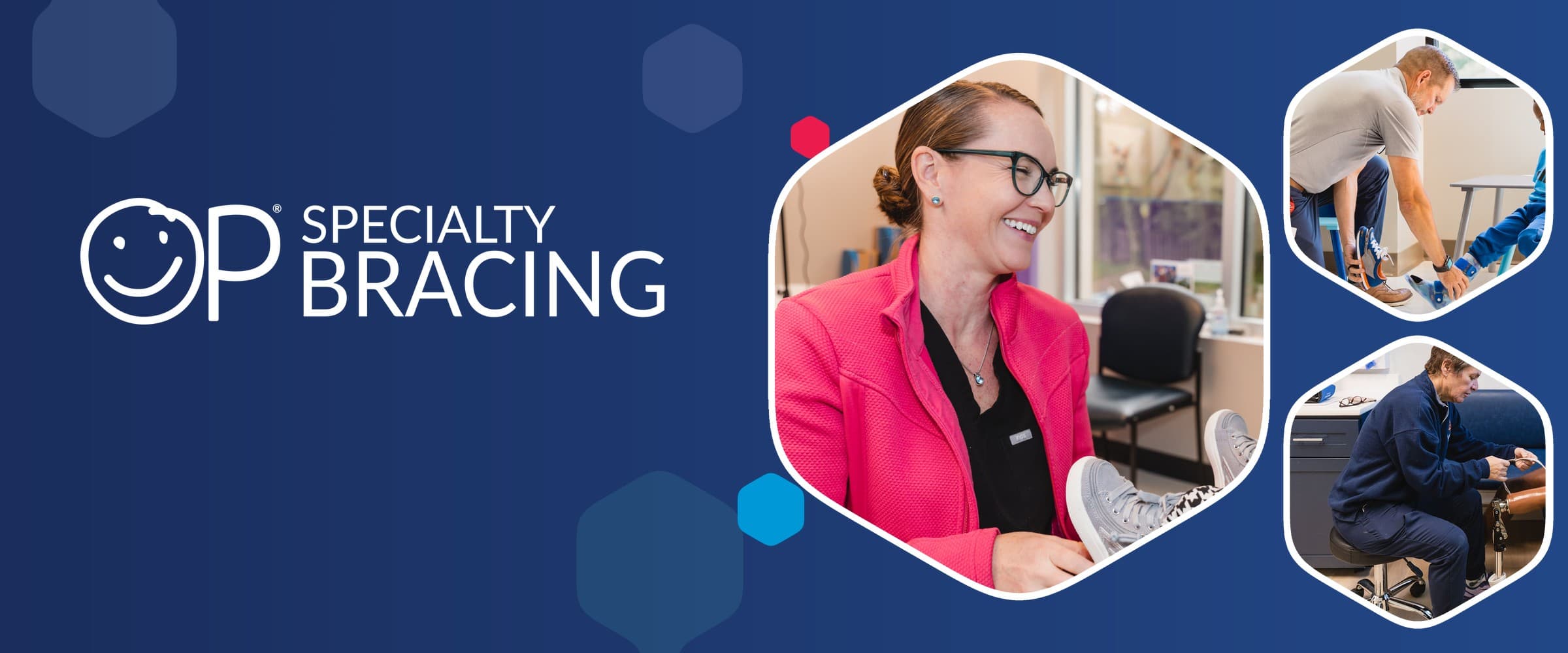 OP Specialty Bracing logo beside photos of OPSB clinicians fitting a pediatric brace, an ankle-foot orthosis and a prosthetic leg